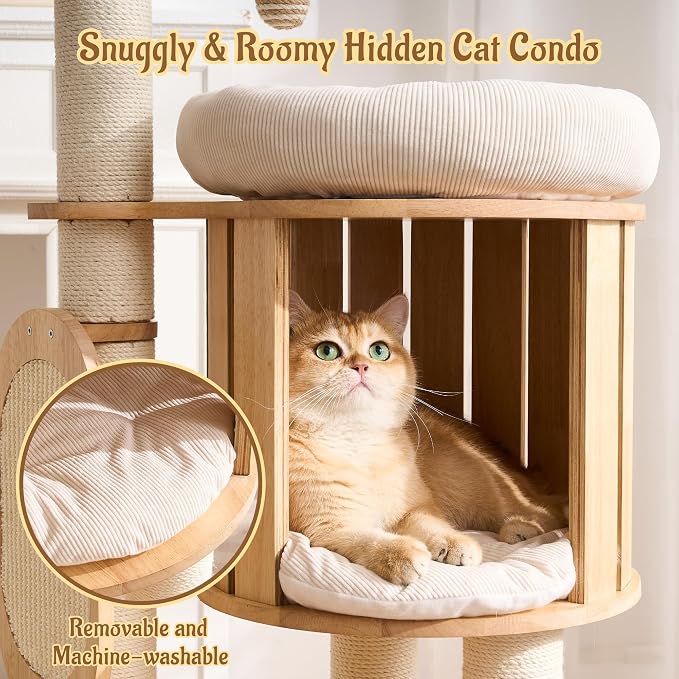 50" Modern Cat Tree for Indoor Cats Small to Medium, Solid Wood Cat Tower with Sisal Scratching Posts, Cat Scratcher Cardboard, Cozy Cat Beds & Hidden Cat Condo, Multi-Level Cat Furniture