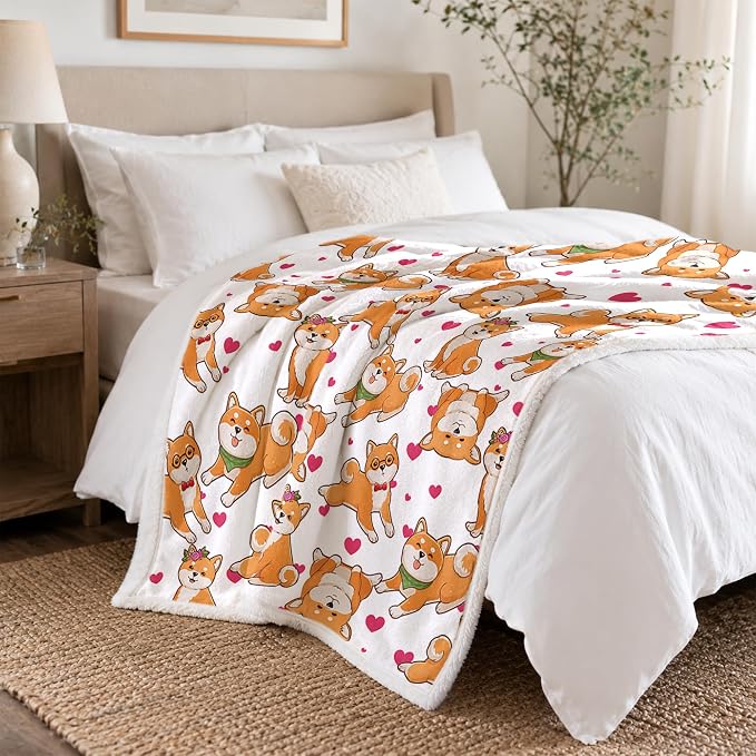 BlessLiving Shiba White Throw Blanket with Dense Dog Patterns Sherpa Fleece Blanket Couch Bed, Soft Cozy Warm Pet Blankets for Kawaii Puppy Lovers Pink Heart Cute Animal Print Gift 50x60 Inches