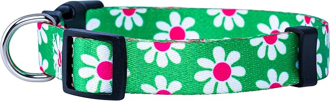 Native Pup Flower Dog Collar, Adjustable Small Medium Large, Cute Girl Female Summer Spring Pretty Designer Puppy Essentials Accessories, Pink Floral Blue Daisy Rose (Small, Green Daisy)
