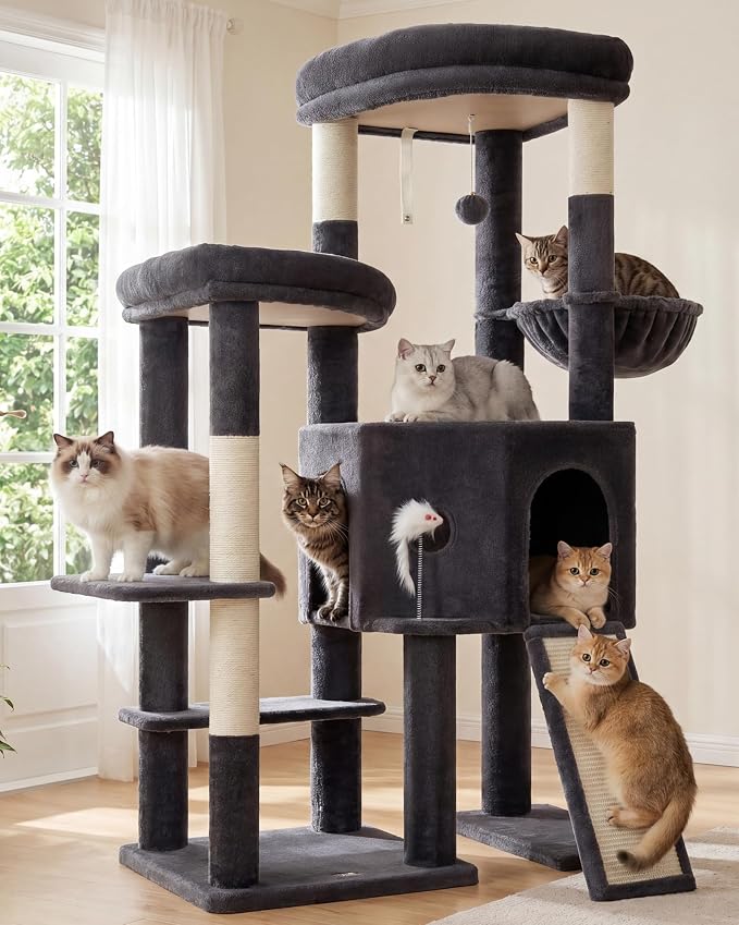 Cat Tree, Heavy Duty Cat Tower with Dual Platforms VCT002G | Oversized Diamond Condo for Large Cats, Sturdy Cat Furniture with Cozy Basket, Sisal Scratching Board & Posts, Smoky Gray