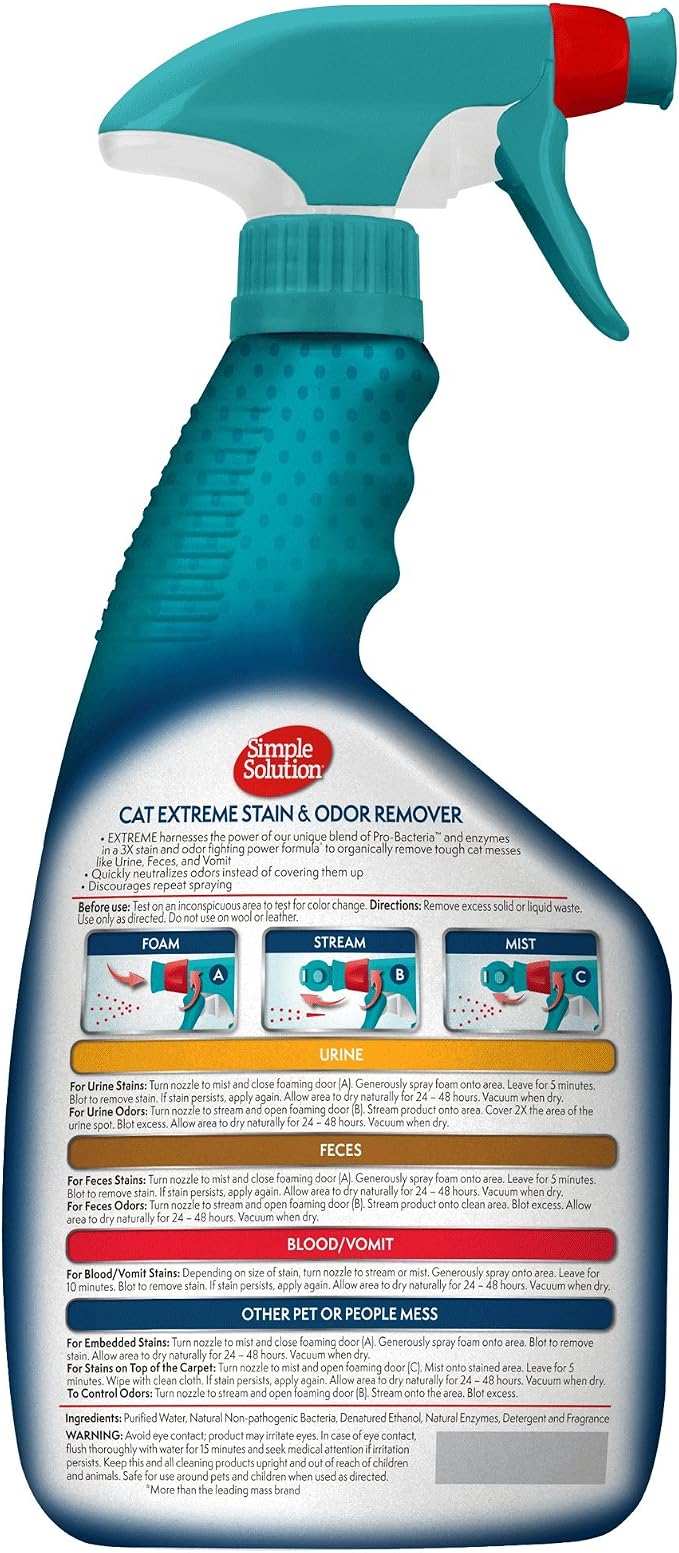 Simple Solution Extreme Cat Stain Remover, Odor Eliminator, 32oz (2 Pack) | Pet Odor Eliminator, Carpet Stain Cleaner, Floor Cleaner, Urine Destroyer, Strong Odor, Cat Stain Remover, Home Cleaning