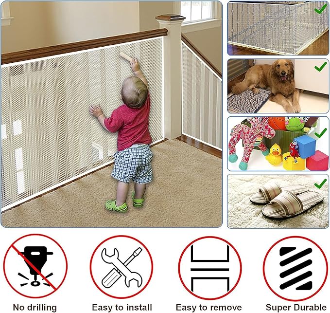 Baby Gate for Stairs, Banister Guard for Kids, Pets, Toys, 59ft L x 2.66 ft H, Mesh Netting Safety Net for Balcony Rail Stair, Stairway Net Baby Safety Products for Indoor & Outdoor (White)