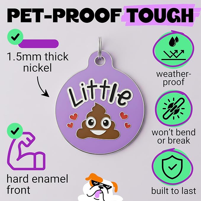 Bad Tags Personalized Dog and Cat ID Tags in 25+ Designs and 2 Sizes - 5 Lines of Custom Engraved Text - Funny Cute Personalized Pet Tags (Little Sh*t - Purple, Small (1 inch))