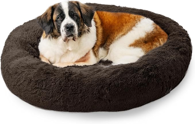 Best Friends by Sheri The Original Calming Donut Dog Bed for Extra-Large Dogs up to 150 lbs, Shag Faux Fur, Dark Brown, 45" x 45"