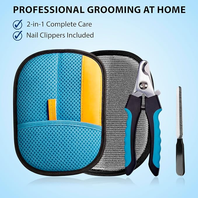 Pet Grooming Glove Set for Dogs & Cats – Premium Pet Hair Removal Glove with Free Nail Clippers & Nail File