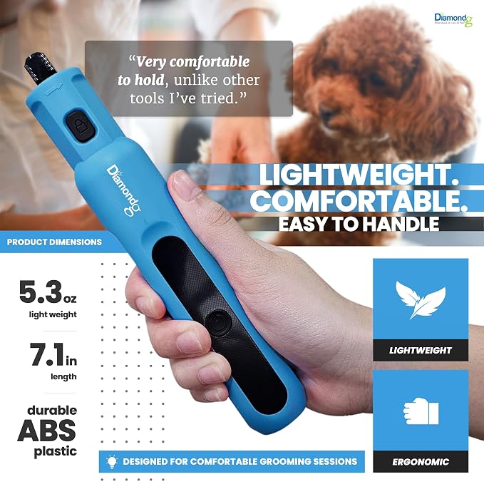 Diamondg Micro Dog Nail Grinder - Quiet Sound with LED Light, Light Blue | 5-Speed Rechargeable Pet Nail Trimmer for Small & Large Dogs, LCD Display, USB-C Charging, 4hrs. Runtime Rotary Tool