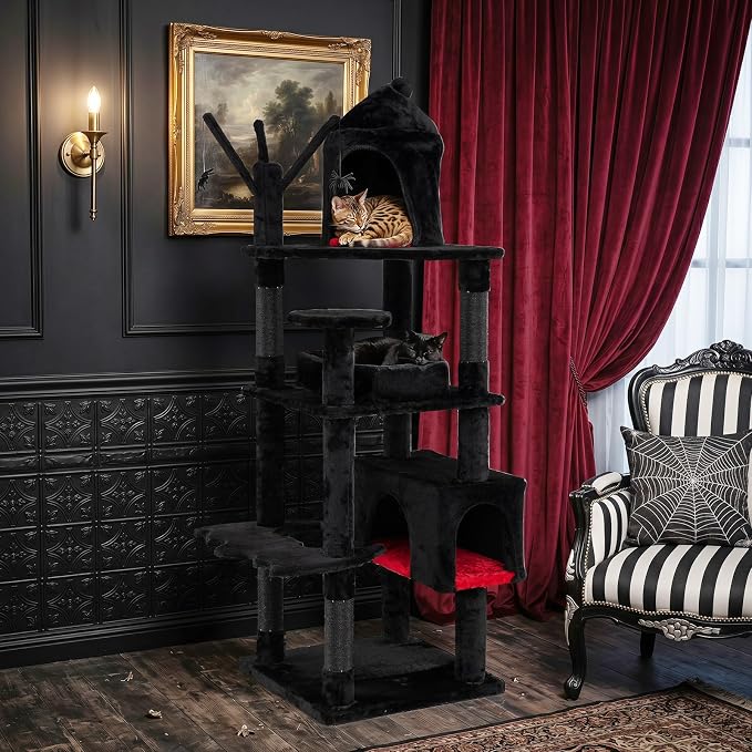 70-inch Gothic Cat Tree, Multi-Level Black Cat Tower | | Robust Scratching Posts | Coffin Bed | Castle-Shaped Comfy Cat Condo | Dual-Entry Condo | Spider-Shaped Hanging Toys |