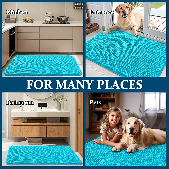 OLANLY Dog Door Mat for Muddy Paws 47x17, Super Absorbent Chenille Mud Mat | Aqua Blue, Absorbs Moisture and Dirt, Non-Slip Machine Washable Doormat, Quick-Drying Indoor Entryway Floor Carpet for Dogs