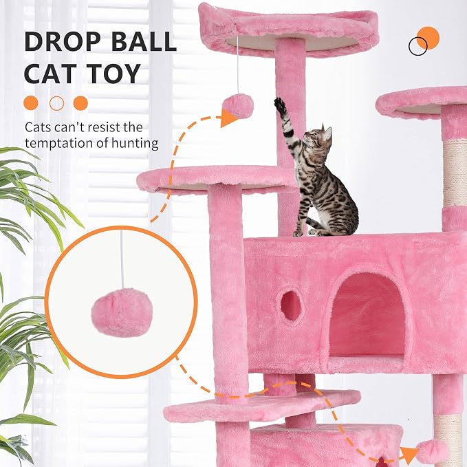 Cat Tree for Indoor Cats, Multi-Level Cat Tower with Scratching Posts & Cozy Condo, Space Saving Cat Activity Center, Durable Pet Play House (54in,Pink)