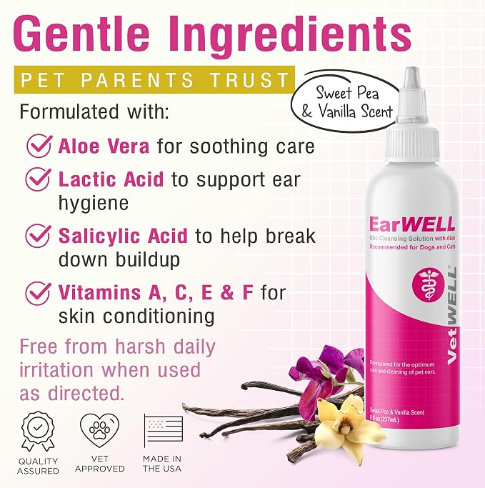 VetWELL Ear Cleaner for Dogs and Cats - Sweet Pea Vanilla - 8 oz | Otic Ear Solution for Pets to Help Manage Odor and Reduce Wax Build Up