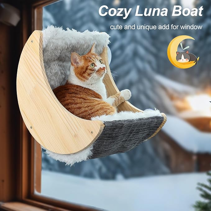 Cat Window Perch, Plywood Moon Bed with 4 Heavy-Duty Suction Cups | Ultra Plush Faux Wool Fur,Window-Mounted, Drill-Free, Up to 40 lb Support, For Small to Medium Cats, Machine-Washable Pad