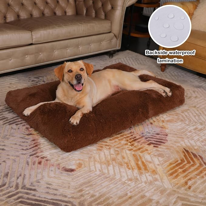 Bedfolks Waterproof Dog Crate Bed, Plush Dog Pad, 41"x27", Solid Brown | Faux Fur Plush Cover, Zippered Removable Washable Outer, Waterproof Inner Lining, Non-Slip Base, Crate Pad and Dog Pillow