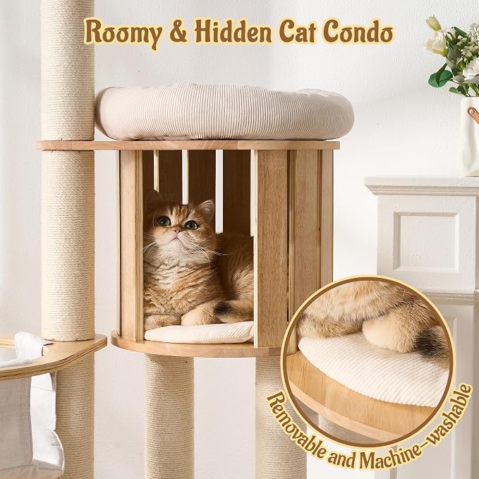 Modern Cat Tree Tower with Scratching Post, 61.5in Tall Cat Tree for Indoor Cats, Multi-Level Solid Wood Cat Furniture with Cozy Cat Beds, Condo, Hammock, Capsule Nest, Turntable Toy, Natural