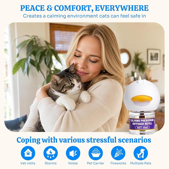 Cat Calming Pheromone Diffuser Kit, Stress Relief, 1 Plug-in 2 Refills | Odorless drug-free formula, 60-day anxiety relief, anti-leak low-temp plug, fits indoor multi-cat scratch fight hiding issues