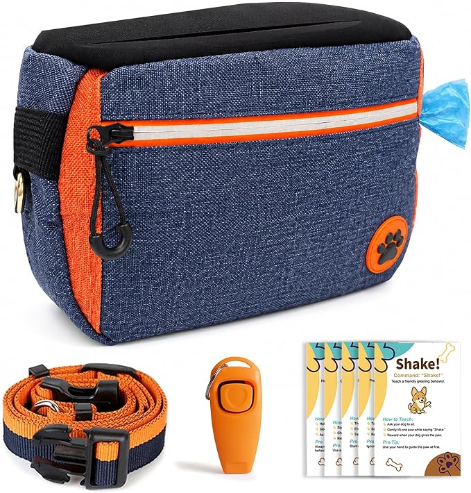 Dog Treat Pouch Bag for Training, Puppy Training Kit with 5 Double-Sided Obedience Cards, Clicker & Whistle, Dual Removable Liners, Large U-Shaped Opening, Waist Clip Treat Bag for Dog Walking