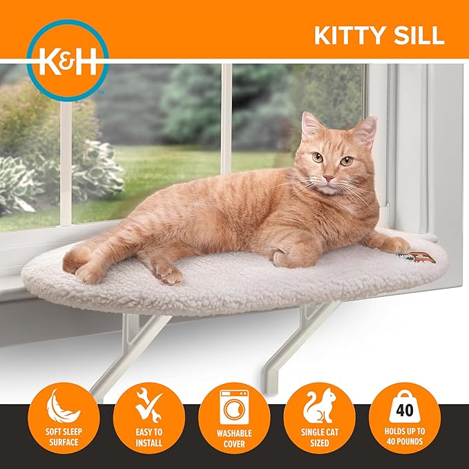 K&H Cat Window Perch, Unheated Kitty Sill, 24x14in, Fleece | Orthopedic Cat Window Hammock Bed Holds 40LBS, Washable Cover, Kitty Windowsill Bed Seat for Indoors, Cream Fleece