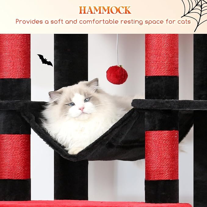 Globlazer Gothic Giant Tall Heavy Duty Cat Tower for Indoor Large Cat, F83B | XXL Multi-Level Large Cat Condo with 8 Scratching Posts, Hammock, 2 Cat Caves, 2 Platform, Black Red