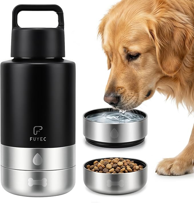 Dog Water Bottle with 2 Bowls, 32 oz Insulated Stainless Steel Portable Pet Travel Bottle, Food and Water Bowl Set for Walking Hiking Camping, Large Dog Accessories, Black