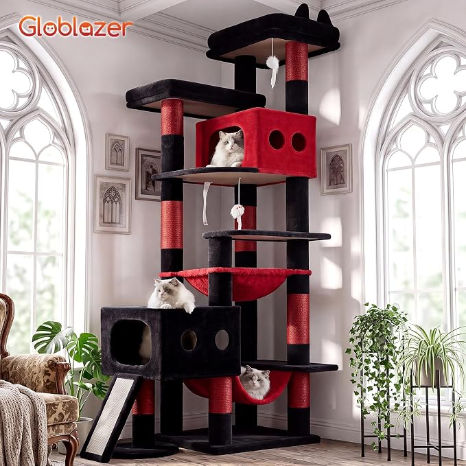 Globlazer 83inch Sturdy Gothic Multi-Level Tall Cat Tower, S83G, Blood-Goth | Extra Large Heavy Duty Cat Tree for Indoor Large Adult Cats Kittens with 2 Cat Condo, 8 Scratching Post, 2 Hammock