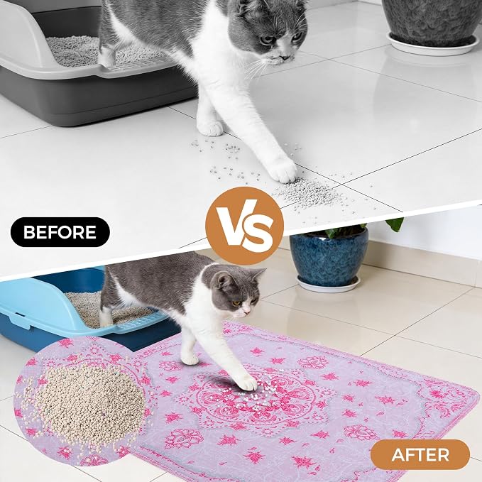 Homimp Cat Litter Mat, Litter Trapping Mat 2 Pack, Contains Mess from Box, Protects Floors,Urine Waterproof,Non-slip,Less Waste Cat Litter Box Mat,Soft on Kitty’s Paws,Washable,Absorbent,Pink 18"X24"