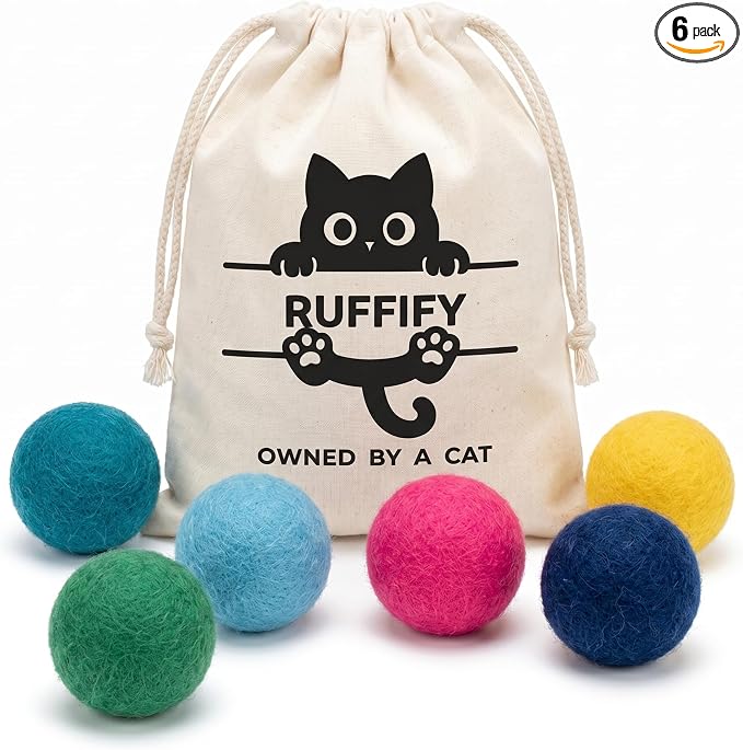 Cat Felt Balls 6 Pack, Wool Toy Balls for Indoor Cats, No Catnip | Dense tightly felted construction holds shape through biting, clawing, and carrying. Resists shedding and unraveling.