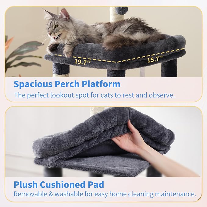 Heybly Cat Tree, 71-Inch Tall Cat Tower for Large Maine Coon Cats HCT037G | Cat Condo Furniture with Extra-Large Baseboard, Multi-Level Platforms, 2 Hammocks and 12 Scratching Posts, Smoky Gray