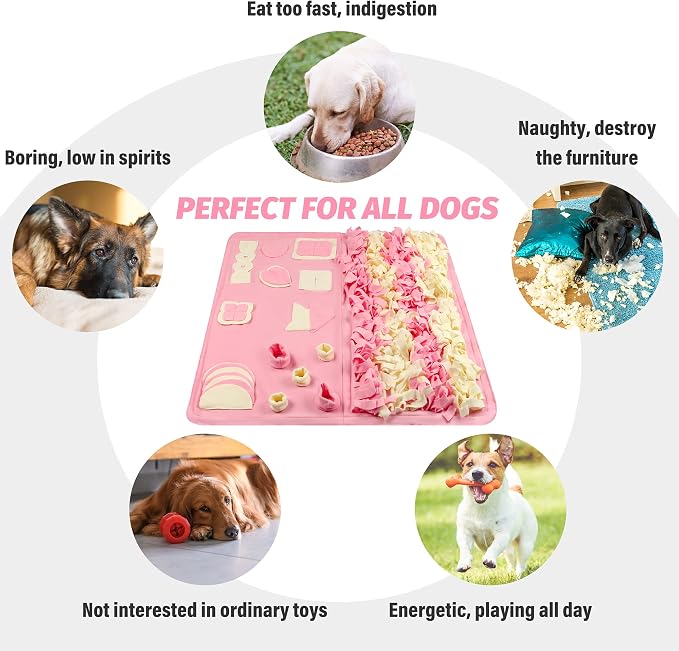 Snuffle Mat for Dogs: Slow Food Interactive Experience - 7 Enrichment Foraging Games for Large Dog Owners Needing to Burn Pet Energy - Washable 1000 Times - 38x38 inch - Pink