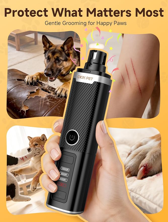 Dog Nail Grinder, Quiet Electric Dog Nail Trimmer with 2 LED Lights, 3-Speed Pet Nail Grinder for Dogs & Cats, Rechargeable 2000mAh Nail Grinder for Small Medium Large Dogs with Light, Black