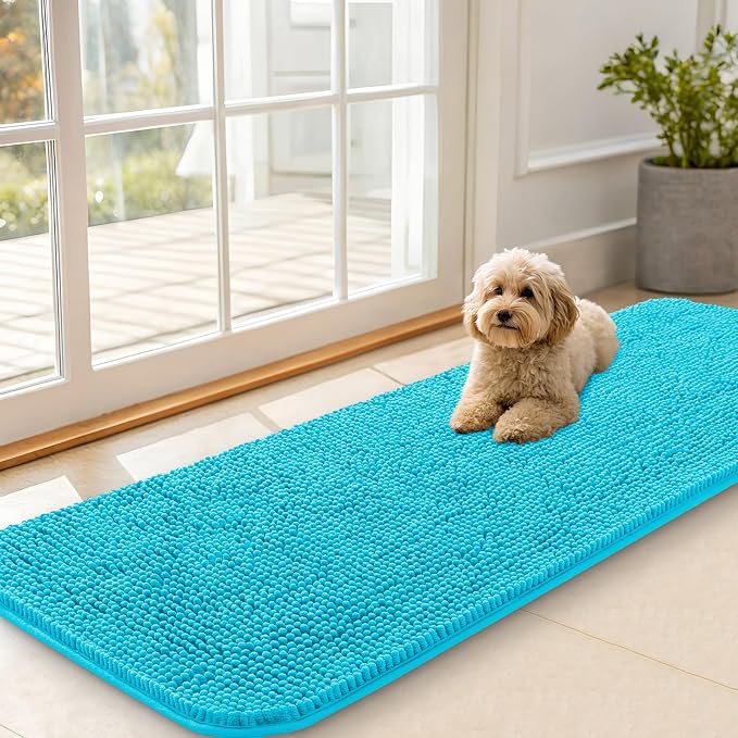 OLANLY Dog Door Mat for Muddy Paws 59x20, Super Absorbent Chenille Mud Mat | Aqua Blue, Absorbs Moisture and Dirt, Non-Slip Machine Washable Doormat, Quick-Drying Indoor Entryway Floor Carpet for Dogs