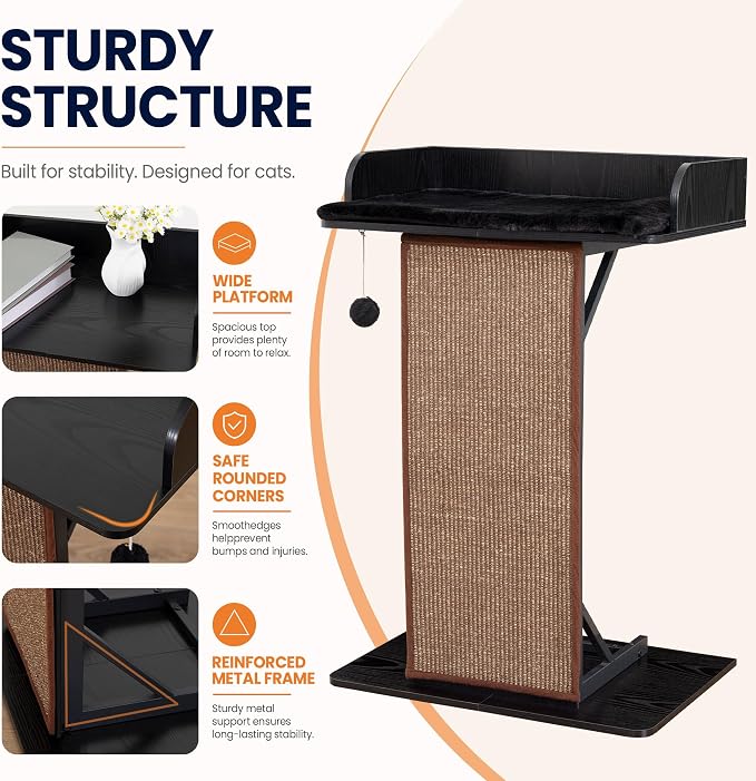 Modern Wood Cat Tree Tower for Indoor Large Adult Cats with Big Perch Bed | 33.8in Tall Wooden Cat Trees with Platform, Cat Scratching Pads, Washable Cushions, Cat Furniture for Window, Rustic Black