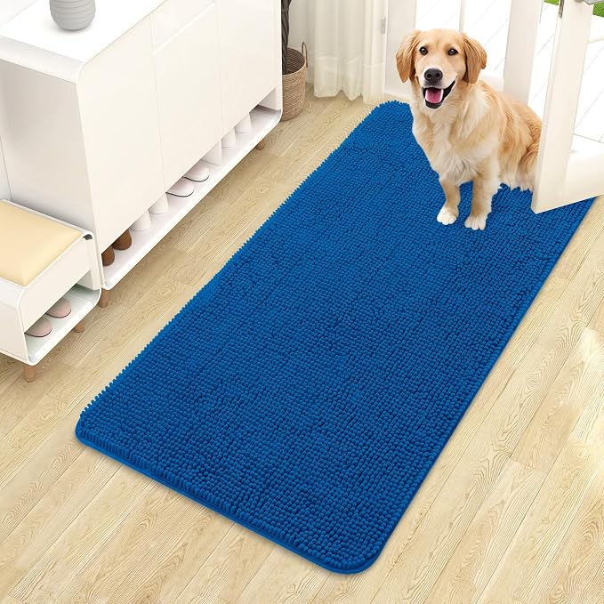 OLANLY Dog Door Mat for Muddy Paws 44x24, Super Absorbent Chenille Mud Mat | Deep Navy Blue, Absorbs Moisture and Dirt, Non-Slip Machine Washable Doormat, Quick-Dry Indoor Entryway Floor Carpet for Dogs