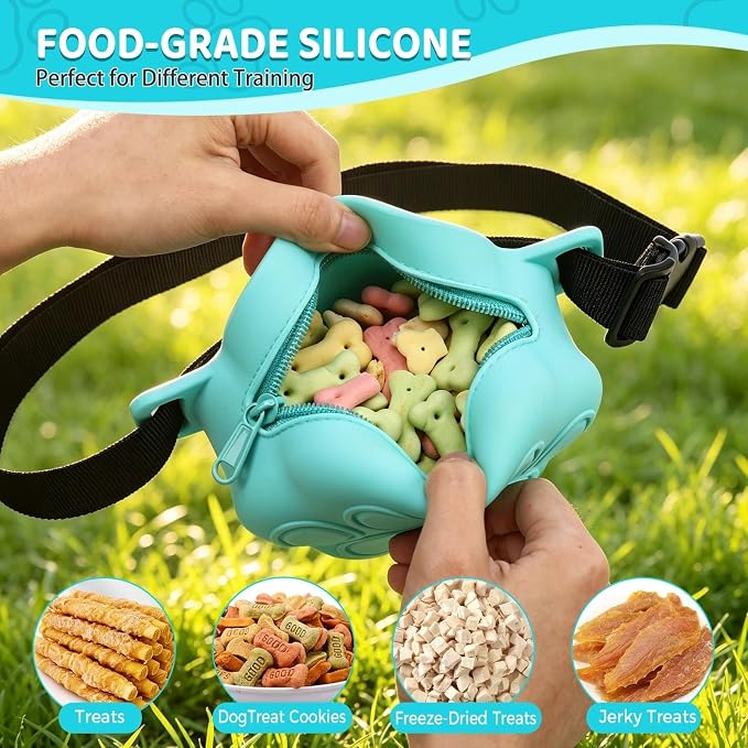Dog Treat Pouch with Training Clicker and 2 Poop Bags, 1.8 Cup Small Sealable Zipper Silicone Fanny Pack with Waist Belt, Pet Puppy Training & Walking Essentials (Blue)