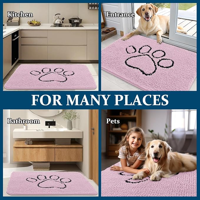 OLANLY Dog Door Mat for Muddy Paws 36x24, Paw Print Design Chenille Mud Mat | Dusty Rose, Absorbent, Traps Moisture and Dirt, Non-Slip Washable Doormat, Quick-Drying Indoor Entryway Floor Carpet for Dogs