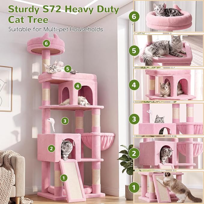 Globlazer S72 Heavy Duty Cat Trees for Large Cats, Sturdy 72in Maine Coon Cat Tree for Large Cat 20 lbs+ Heavy Duty Cat Tower for Adult Biggest Cats with 6 Scratching Posts, Hammock, Pink