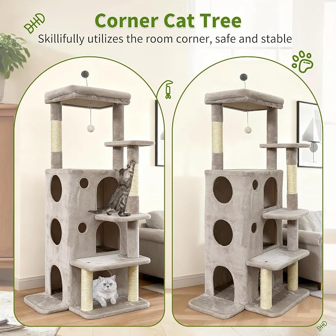 48" Cat Tree Tower for Indoor Cats, Multi-Level Cat House for Large Cats with 3 Cozy Cat Condos, Extra Large Top Perch, Sisal Scratching Posts & Climbing Steps, Light Grey