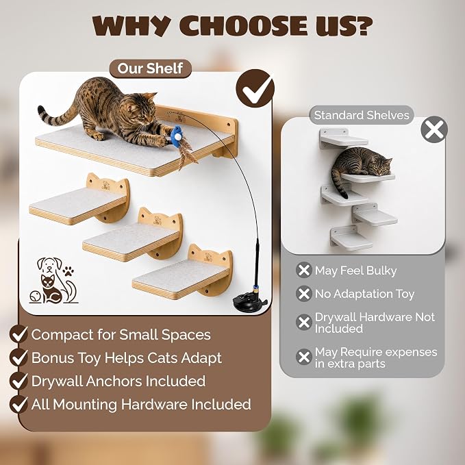 Snuggle & Play Cat Wall Shelves & Climbing System – Modern Furniture Set with 3 Steps & Perch for Indoor Cats, Includes Wand Toy