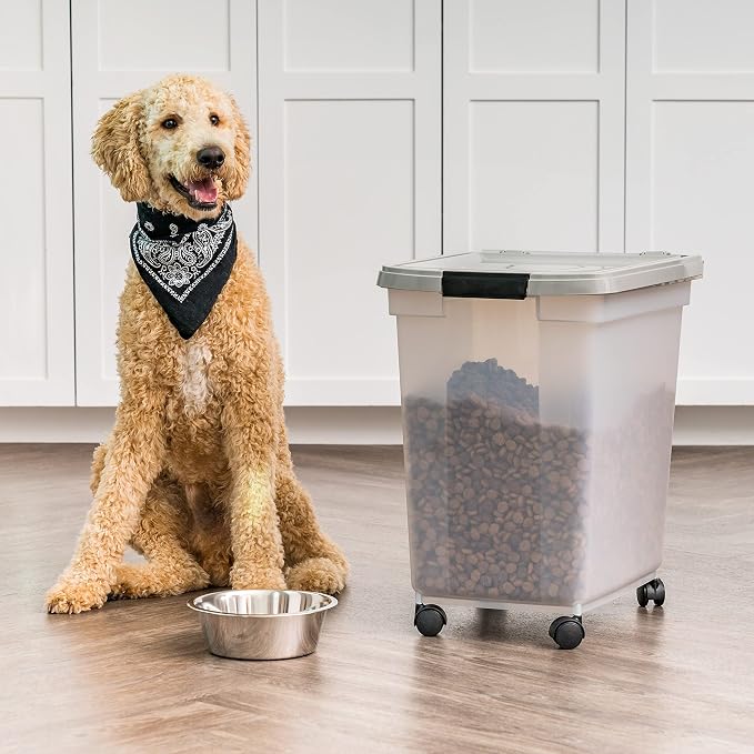 IRIS USA Airtight Dog Food Storage Container, WeatherPro, Up to 50 lbs, Removable Wheels, for Dog Cat Bird and Other Pet Food Storage Bin, Keep Fresh, Translucent Body, Made in USA, Clear/Gray