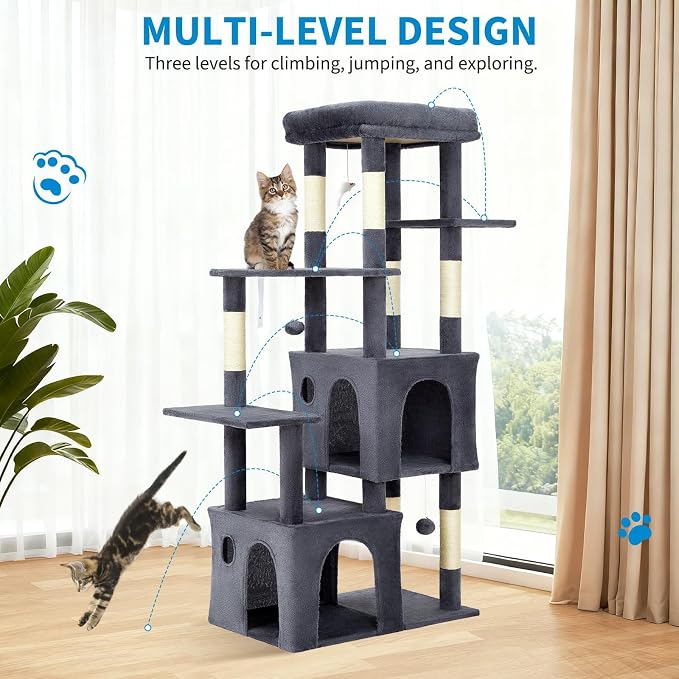 61" Large Cat Tree Tower for Indoor Cats, Heavy-Duty Multi-Level Cat Condo for Maine Coon & Big Cats with Extra-Large Perch, 2 Spacious Houses, Sisal Scratching Posts & Hanging Toys-Dark Gray