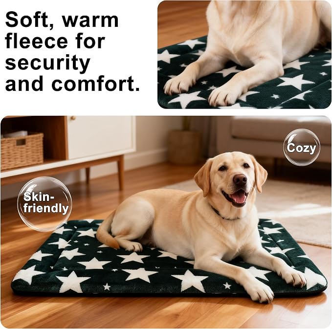 Dog Bed Mat – Soft & Comfortable Dog Kennel Pad for Crate – Durable Crate Bed & Mat for Dogs & Cats – Ideal for Crate, Kennel, and Home Use (Big&Little Stars Green, L(35"*23"*1.5"))