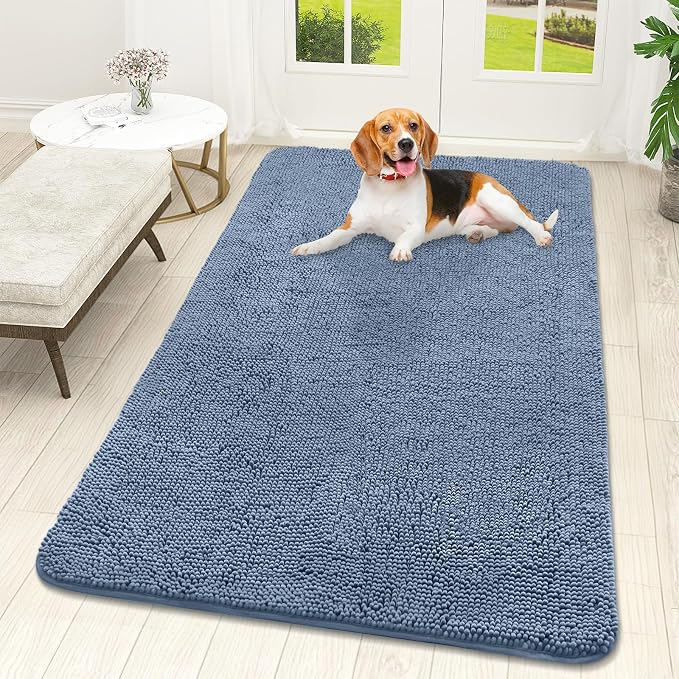 OLANLY Dog Door Mat for Muddy Paws 59x32, Super Absorbent Chenille Mud Mat | Airy Blue, Absorbs Moisture and Dirt, Non-Slip Machine Washable Doormat, Quick-Drying Indoor Entryway Floor Carpet for Dogs