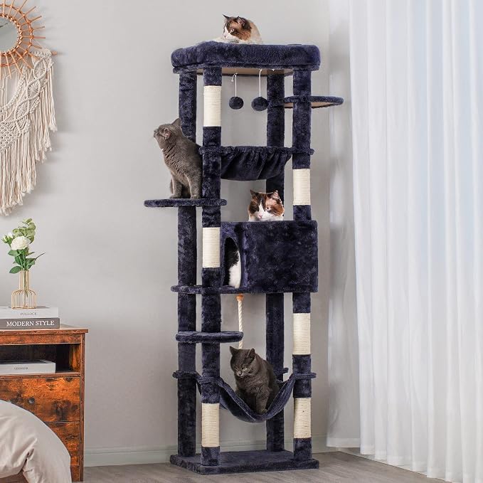 Heybly Cat Tree for Large Cats 20 lbs, 69 inches Cat Tower HCT031G | Heavy Duty Cat Condo for Indoor Cats, Multi-Level Furniture with Big Padded Plush Perch, Cozy Basket, Smoky Gray