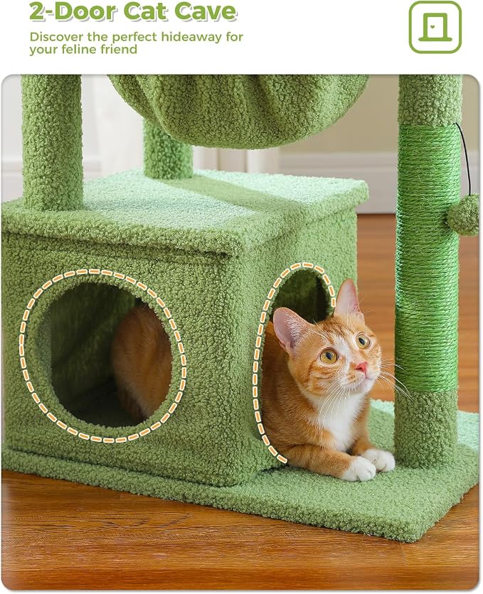 MUTTROS Cactus Cat Tree, 47.6" Cat Tower with 2 Metal Frame Hammock, Cat Scratching Post for Indoor Cats with 2 Removable Pompom Sticks for Kittens, Green