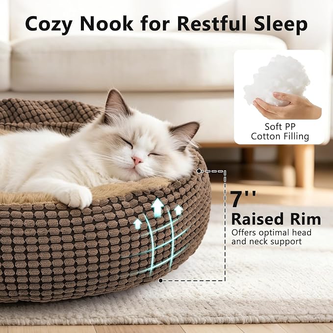 Small Dog Bed with Attached Blanket, Cozy Donut Cuddler Anti-Anxiety Hooded Pet Beds Calming Cave Bed, Orthopedic Round Puppy Beds for Dogs or Cats Washable, Anti-Slip Bottom, 23inch
