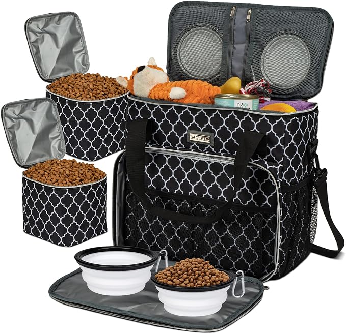 BAGLHER Dog Travel Bag, Pet Travel Bag (ALL Pet Travel Supplies), With 2 Pet Food Containers and 2 Collapsible Silicone Bowls; Essential Kits for Travel DLblack