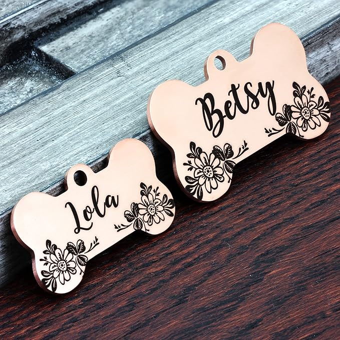 Ultra Joys Stainless Steel Personalized Dog Tags with Engraving Front and Back Customized Bone Tag with Floral Design, Rose Small