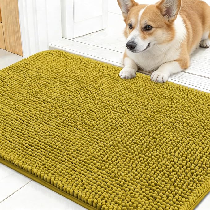 OLANLY Dog Door Mat for Muddy Paws 24x16, Super Absorbent Chenille Mud Mat | Mustard Yellow, Absorbs Moisture and Dirt, Non-Slip Machine Washable Doormat, Quick-Dry Indoor Entryway Floor Carpet for Dogs