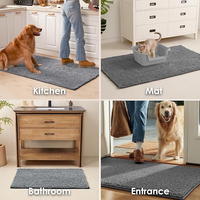 EHEYCIGA Super Absorbent Dog Door Mat for Muddy Paws 48x30 Inch Indoor, Front Doormat Outside Entrance, Quick Dry Chenille Washable Dog Crate Bed, Non-Slip Pet Rug Mud Mat Outdoor Entryway, Grey