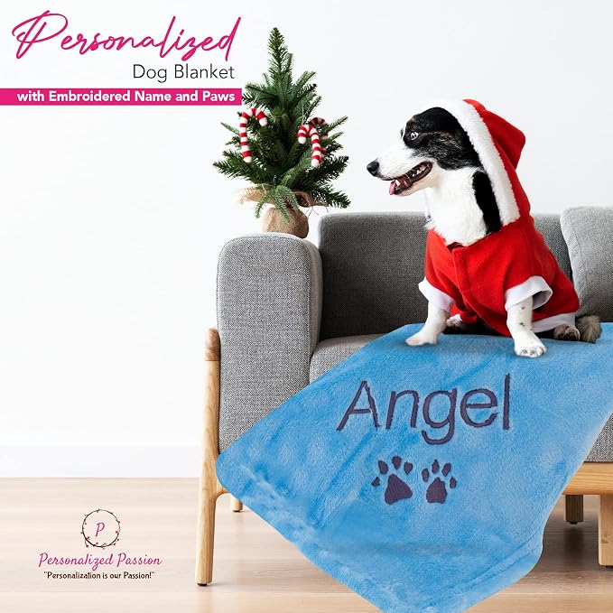 Personalized Passion Dog Blanket with Embroidered Name & Paws - Soft, Comfortable and Cozy for Bed, Couch, Car - Water Resistant Pet Fleece Blanket for Dogs and Cats - Blue - 28"x40"
