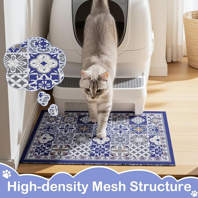 24"x15" Cat Litter Mat Waterproof Non-Slip Litter Trapping Pad | Soft Mesh Litter Box Mat With A Decorative Pattern Captures Scatter Effectively To Keep Floors Clean And Tidy