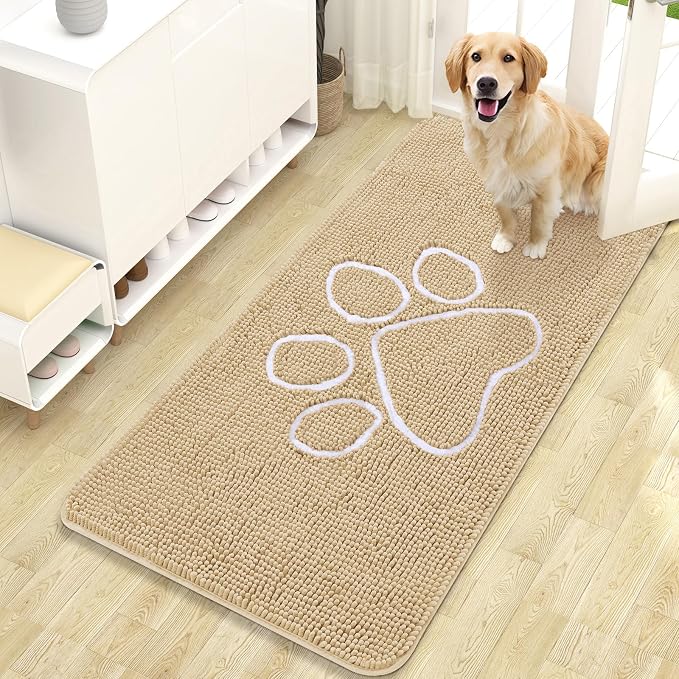 OLANLY Dog Door Mat for Muddy Paws 47x24, Paw Print Design Chenille Mud Mat | Beige, Absorbent, Traps Moisture and Dirt, Non-Slip Washable Doormat, Quick-Drying Indoor Entryway Floor Carpet for Dogs